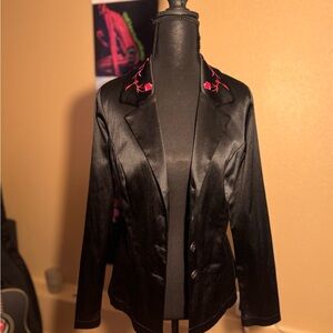 Vintage Black Blazer with Red Floral Embroidery